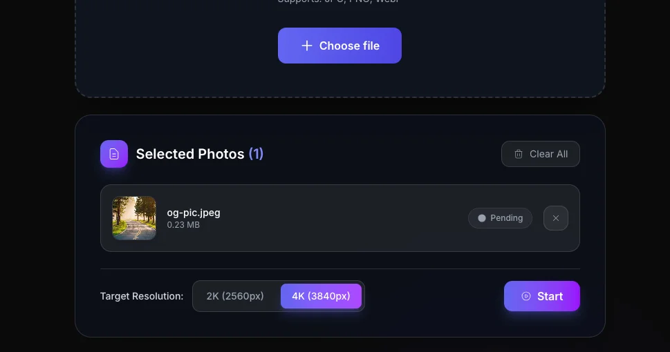AI 2K/4K Upscaler tool interface showing target resolution selection